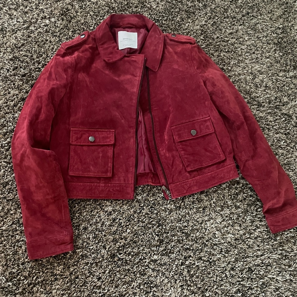 Mango Genuine Leather Jacket in Deep Red